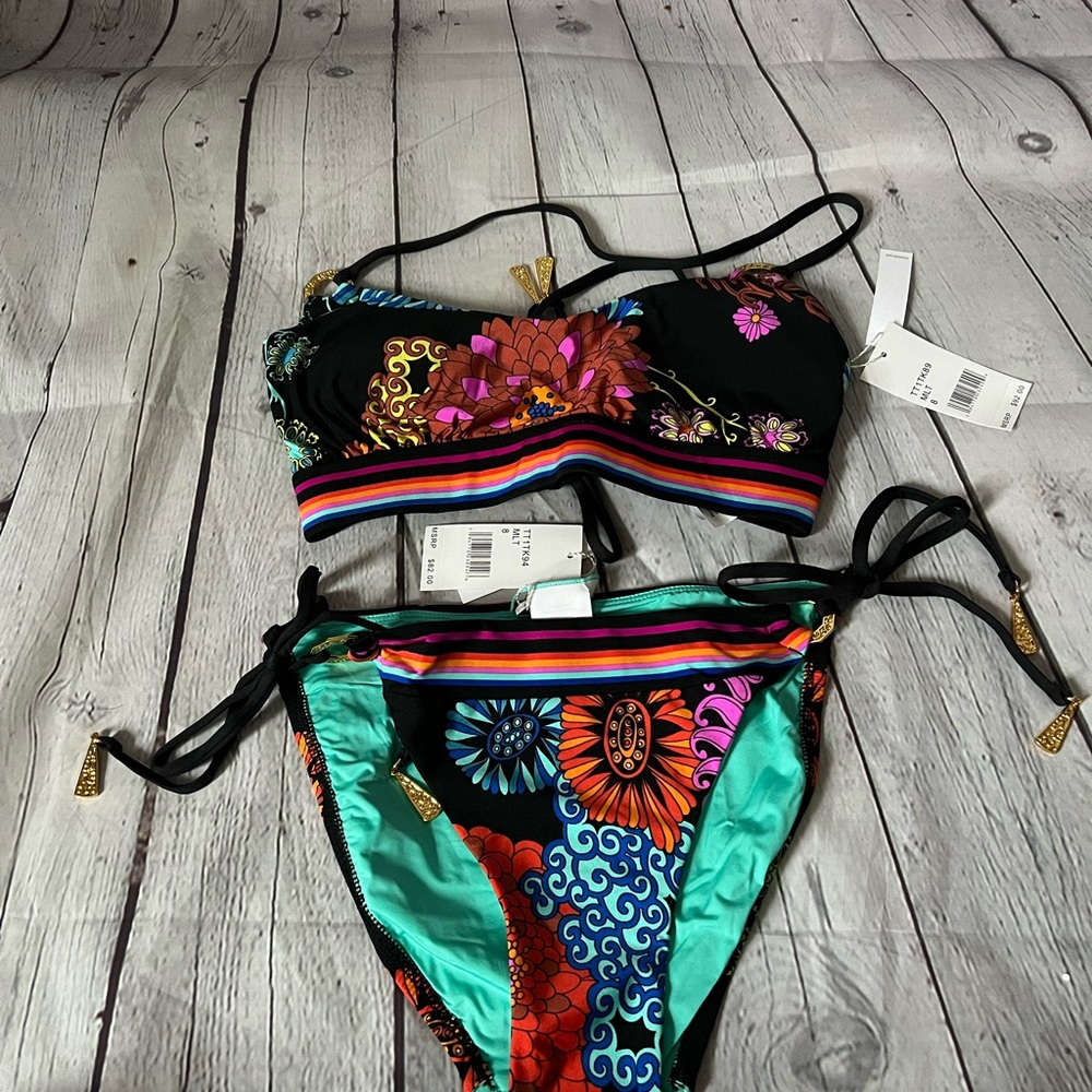 TRINA TURK ELECTRIC REEF BRALETTE SWIM TOP AND HIPSTER SIDE TIE BOTTOM